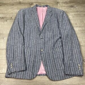 Allen Flusser Blazer XL Blue Striped Linen Rayon Blend Summer Sport Coat